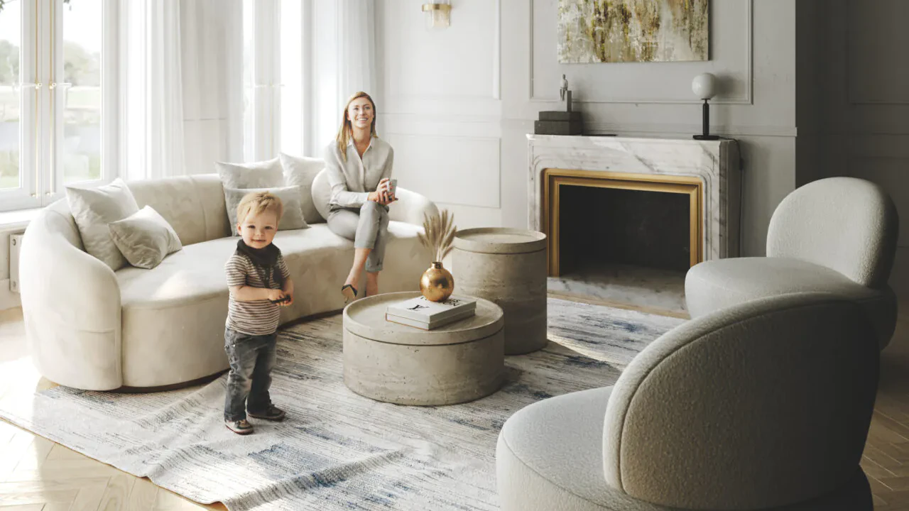 Furniture Visualization example — living room sofa with family render