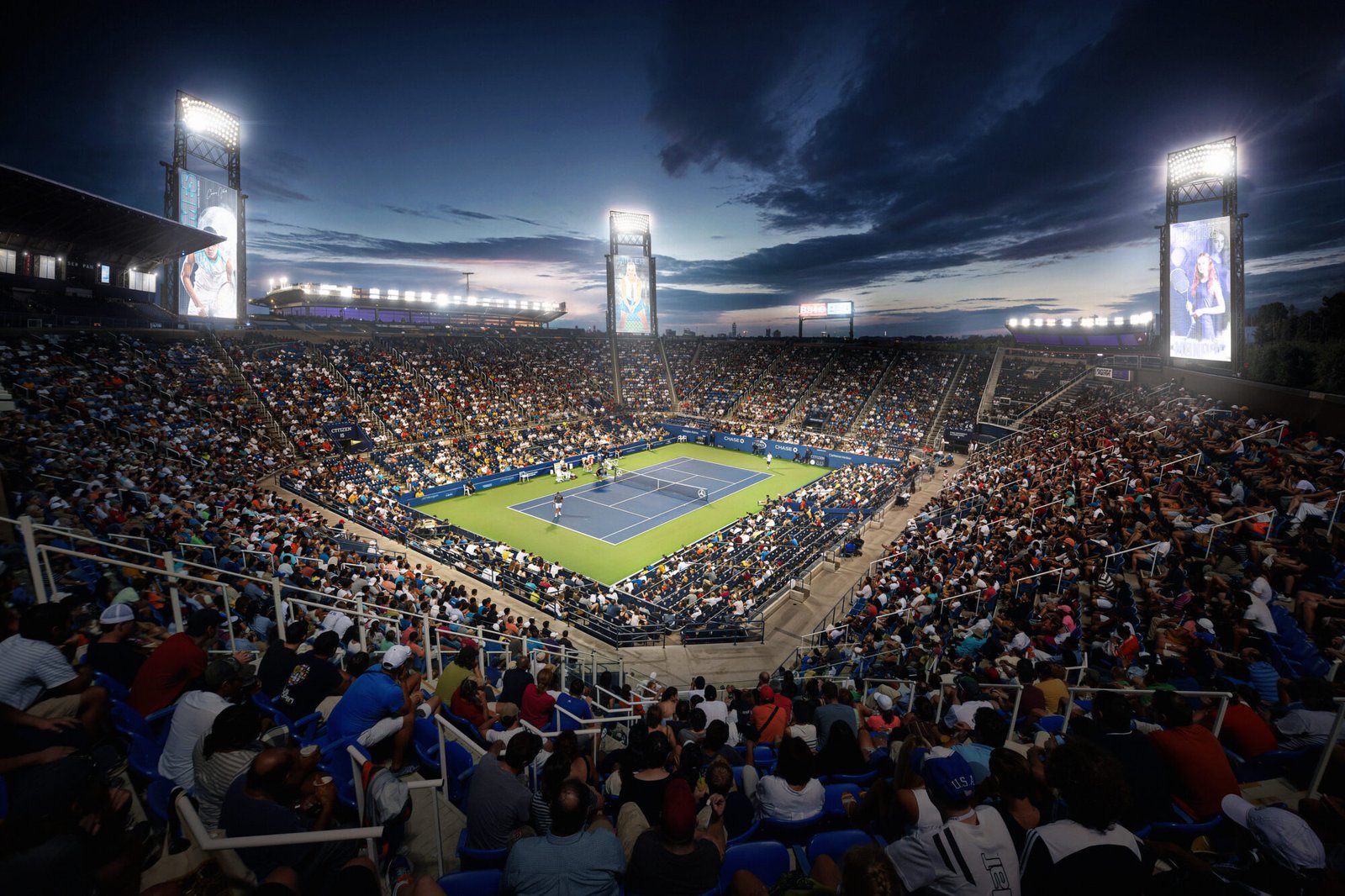 Flushing Meadows, New York, USA. 01st Sep, 2014. US Open tennis championships. Louis Armstrong stadium at dusk Credit:  Action Plus Sports/Alamy Live News